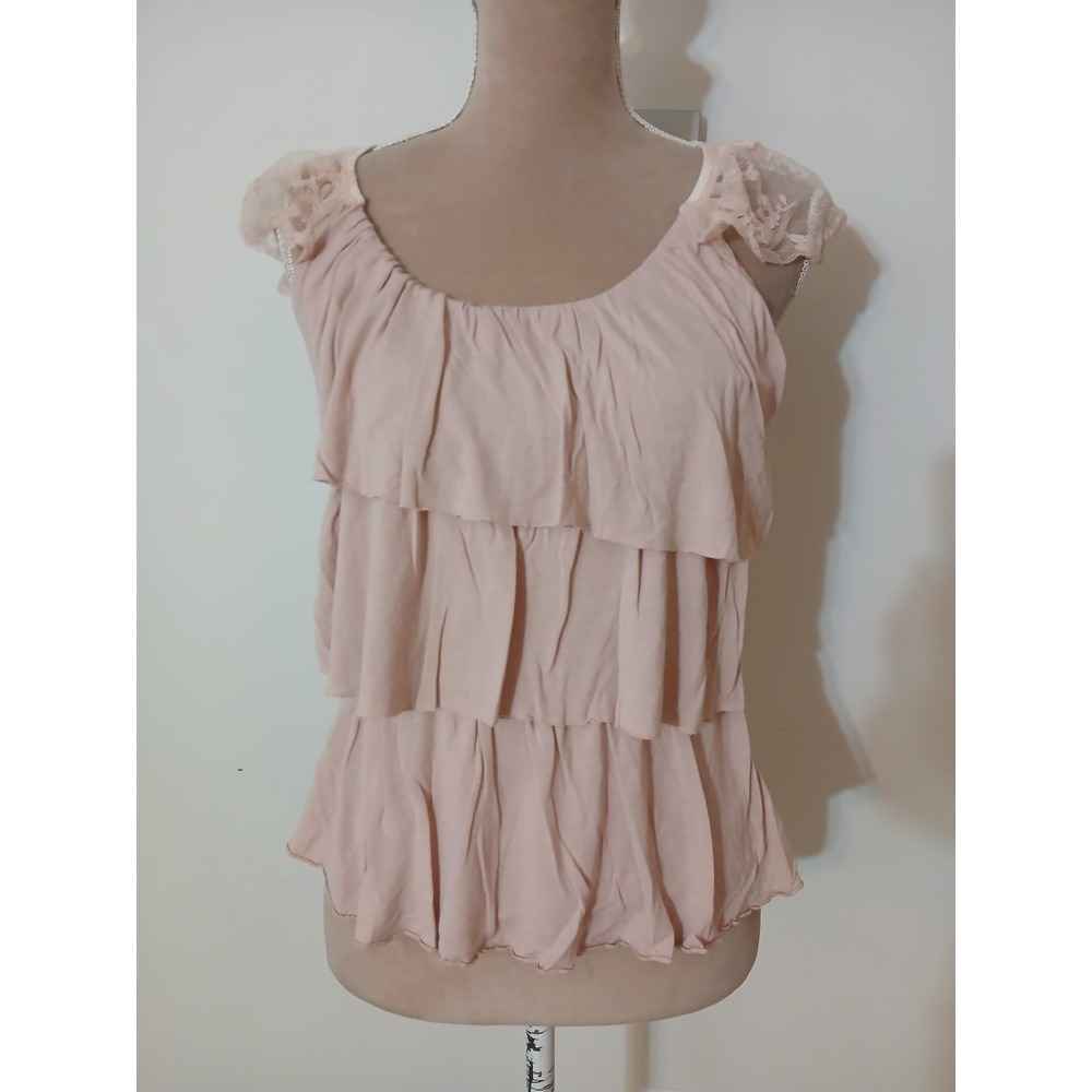 Wet Seal Womens Pink Tiered Ruffle Lace Back Cap Sleeve Top Size Medium Fairy